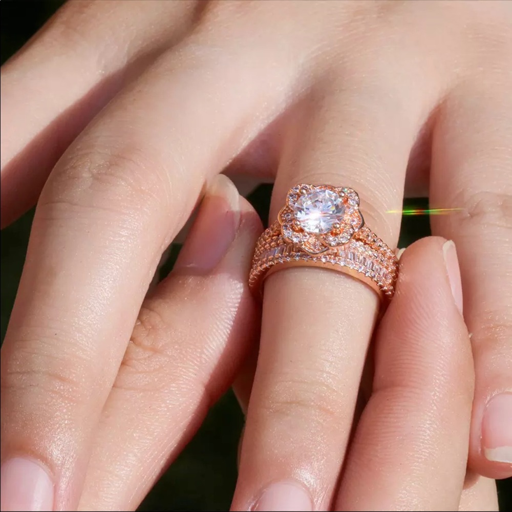 New Rose Gold Romantic 2PC Set Flower Ring - Picture 6 of 6